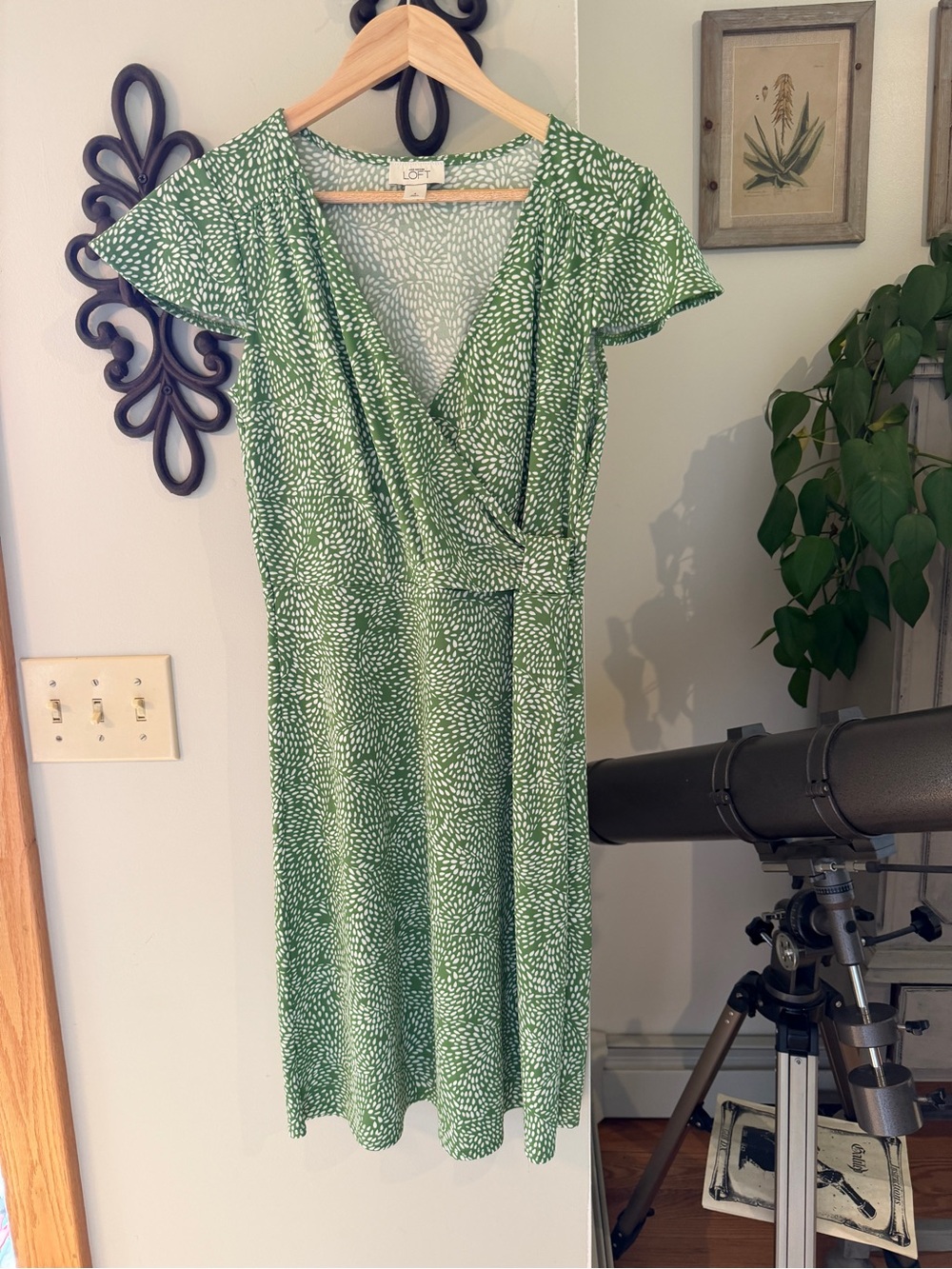 LOFT Green Printed Wrap Midi Dress